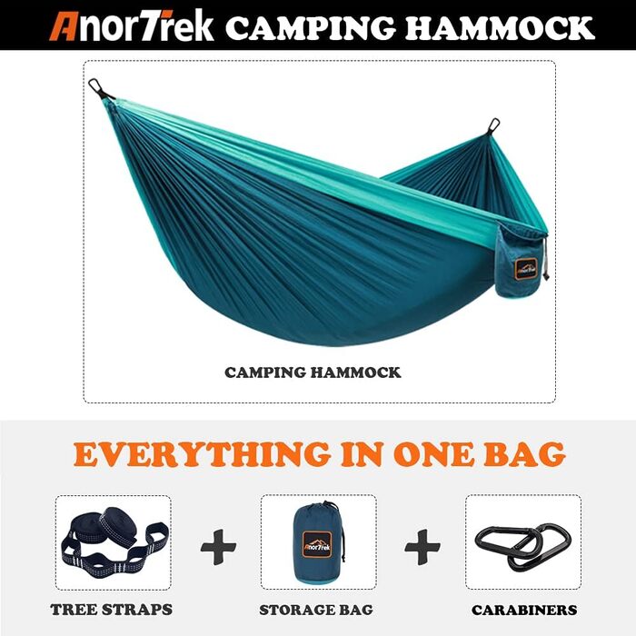 Кемпінгова гамак AnorTrek, надлегка портативна парашутна гамак з двома ременями для дерев, одномісна або двомісна, нейлонова, для подорожей, синьо-темно-синя