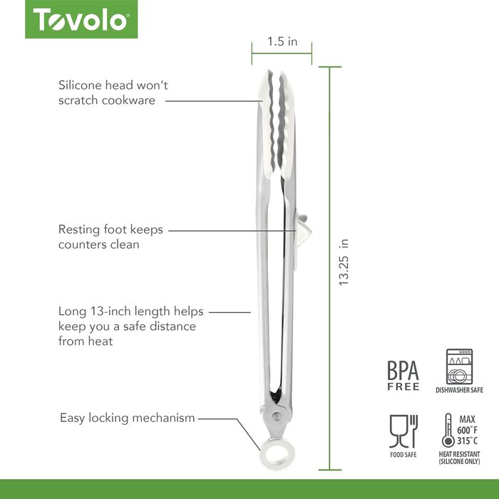 Кухонні щипці Tovolo Tip Top з силіконовими наконечниками, зручна ручка, механізм фіксації, жаростійкі та без BPA, білий/Opulenter Garten