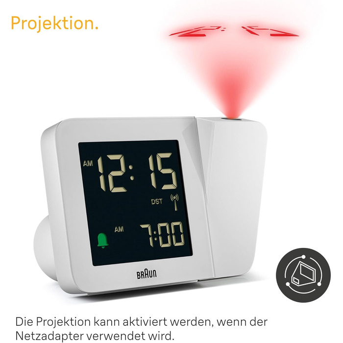 Проекційний радіо-годинник Braun BC15W-DCF з негативним LCD-дисплеєм, DCF, швидке налаштування та звуковий будильник, білий