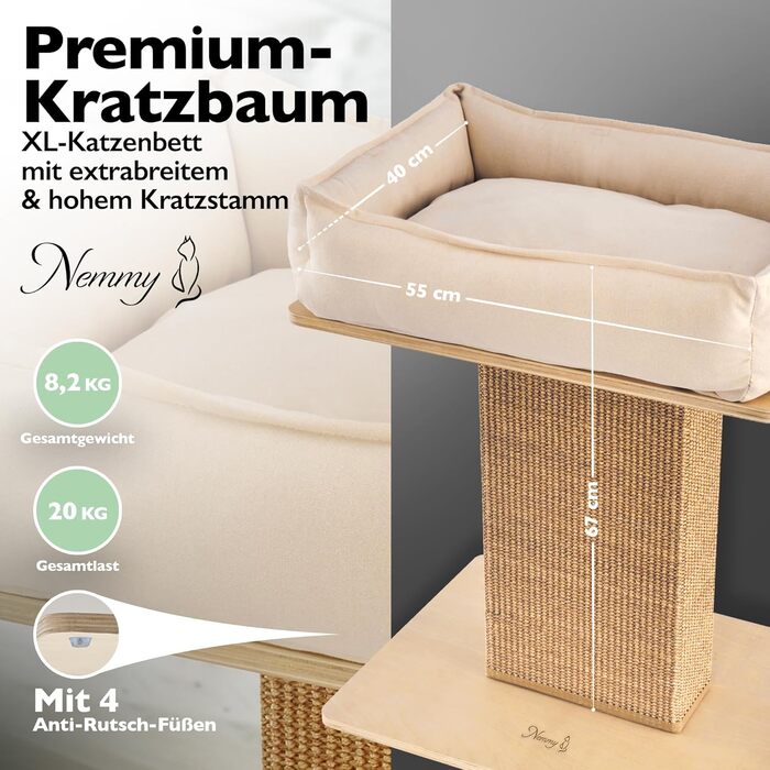 Nemmy Преміум когтеточка для котів, мала, беж, широка стійка, котяче ліжко з подушкою, дерев'яний сучасний дизайн