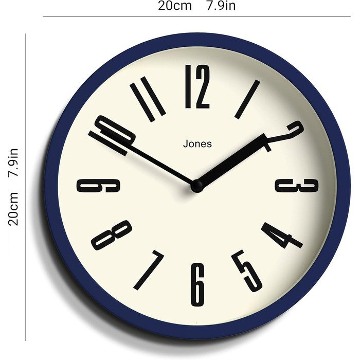 Настінний годинник JONES CLOCKS Retro 20 см, синій, великі цифри, для кухні, офісу, дитячої кімнати, ванної, водостійкий