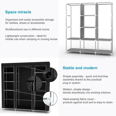 Тканинна шафа INTIRILIFE 150x175x45 см, чорна, з блискавкою, полицями, вішалкою і бічною кишенею – складана шафа для одягу, кемпінгу, гардеробу