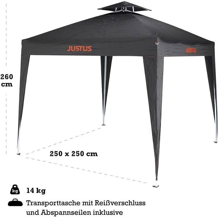 JUSTUS павільйон для гриля, складаний садовий навіс, поліестер, 250x250x260 см, чорний