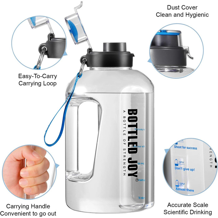 Спортивна пляшка для води 3,5 л з мірною шкалою, герметична, BPA-free, з ручкою та щіткою для очищення, для фітнесу та офісу (біла, 3785 мл)