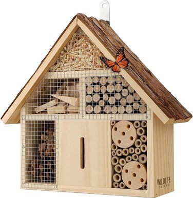 Інсектний готель WILDLIFE FRIEND з корою, 28x29,5x9 см – бджолиний будиночок з бамбуковими трубочками, нішами для комах і метеликів, для саду та балкону, малий, водостійкий