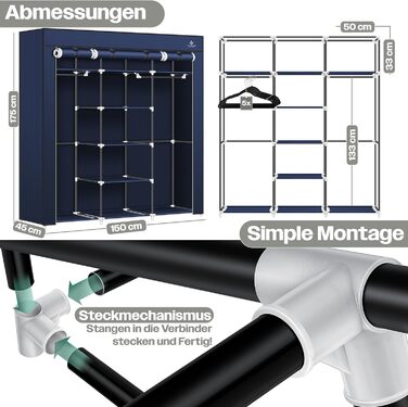 Тканинна шафа KESSER зі штангою та полицями, 150x45x175 см, 5 вішаків, синя, для спальні та гардеробної
