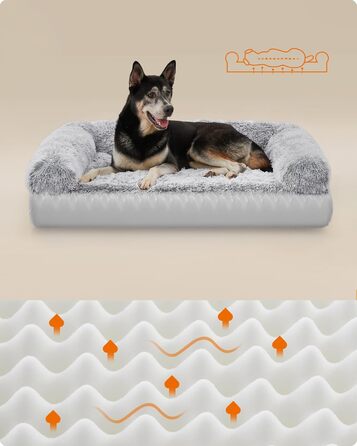 Лежак для собак Feandrea FluffyHug XL, ортопедичний матрац з нопінговим поролоном, знімний і праний чохол, для середніх і великих собак, 106×80×23 см, сірий омбре