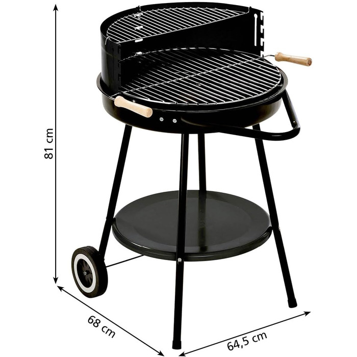 Вугільний гриль GRILLCHEF Corso на колесах, емальована чаша, регульована хромована решітка 48,5 см, стіл, вітрозахист, чорний