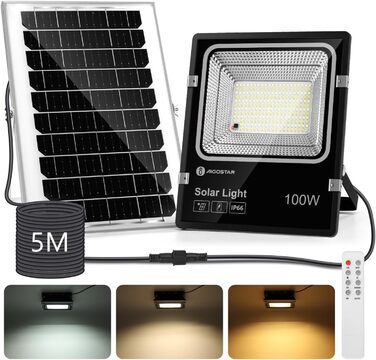 Сонячний LED прожектор Aigostar для вулиці з великим сонячним панелем, 5 м кабелем, регульованою яскравістю (3000K/4500K/6500K), акумулятором 8000mAh, IP66, для саду, з пультом керування