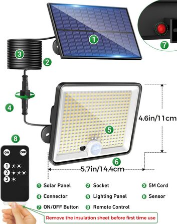 LOTMOS сонячні LED ліхтарі для вулиці з датчиком руху, 342 LED, IP65, 3 режими, тепле біле світло, з пультом, для саду та гаража, 4 шт.