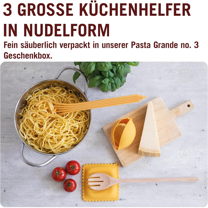 Набір силіконових кухонних інструментів Monkey Business Pasta Grande №3: ложка для спагеті, прес для лимонів Conchiglie, підставка для ложок Ravioli, подарункова упаковка