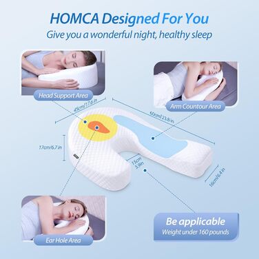 Ортопедична подушка HOMCA U-подібна з пам’яттю форми, ергономічна для бокового та шлункового сну, зі знімним чохлом