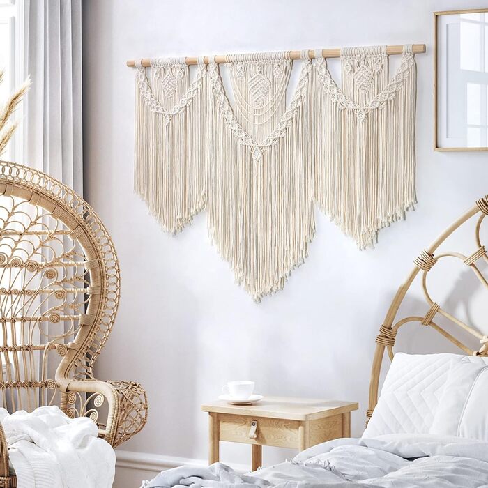 Великий макраме настінний гобелен Dremisland Boho, бежевий, з китицями та перлинами, для декору стін у спальні та вітальні, 110x80 см (лист), богемна настінна тканина