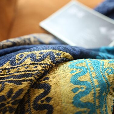 Плед ELEOPTION з мікрофібри Chenille, жакардовий з китицями, декоративний покривало для ліжка, дивану, крісла, народний етно орнамент, синій, 220x250 см