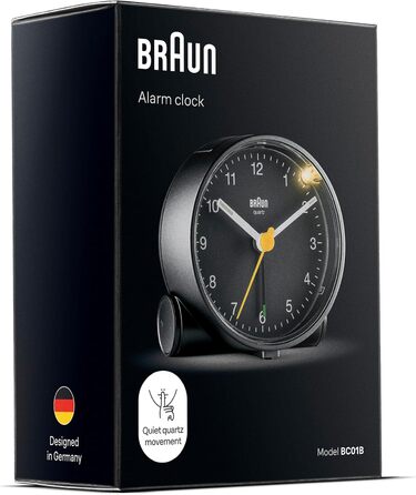 Braun класичний аналоговий будильник з підсвіткою та функцією дрімоти, безшумний кварцовий механізм, поступовий гучний сигнал, чорний, модель BC01B