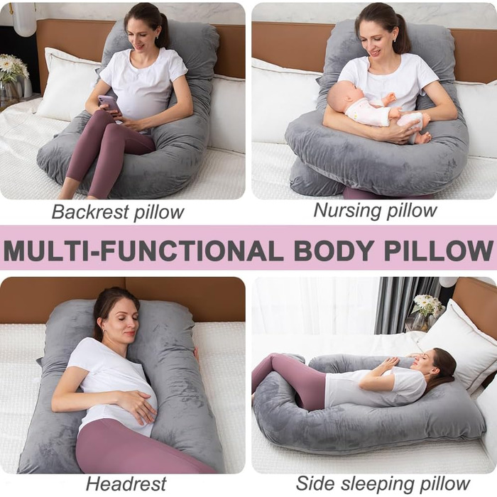 Подушка для вагітних TaiBest U-подібна, з подрібненого Memory Foam, для сну, підтримка живота, сіра