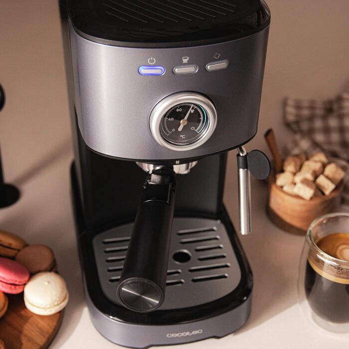 Кавоварка еспресо Cecotec Power Espresso 20 Pecan, 1100 Вт, 20 бар, термоблок, сталевий корпус, манометр, 1,25 л, подвійний фільтр, парова насадка