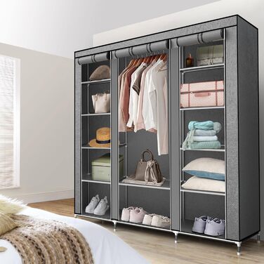 Тканинна шафа INTIRILIFE 150x175x45 см з блискавкою, полицями, штангою та бічною кишенею, для одягу, кемпінгу, сірий