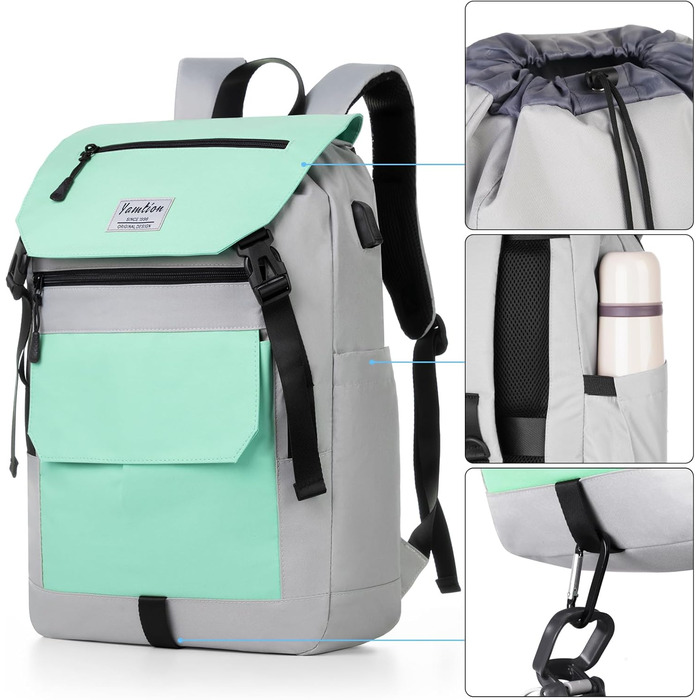 Міський рюкзак YAMTION Rolltop 17 дюймів для жінок і чоловіків – водостійкий шкільний рюкзак для підлітків, університету, спорту, подорожей, велосипеду, молодіжний, чорний