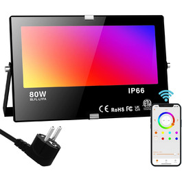 RGB LED прожектор 80W для вулиці з Bluetooth, керування через додаток, розумне освітлення, 2700K, мільйони кольорів, димірується, IP66, водонепроникний, для саду та фасаду