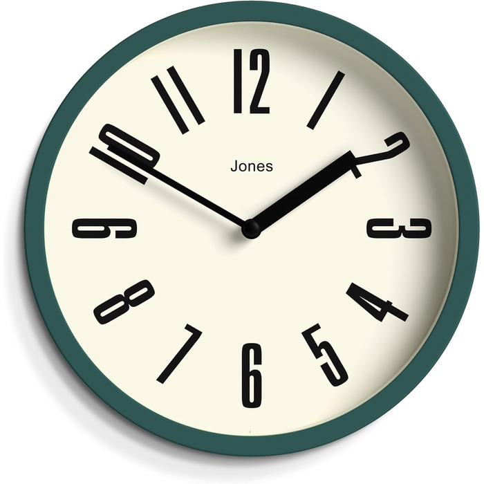Ретро настінний годинник JONES CLOCKS 20 см, темно-зелений, великі цифри, для кухні, офісу, дитячої кімнати, ванної, легке зчитування