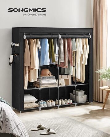 Тканинна шафа SONGMICS 45x170x167 см з 4 полицями, відділеннями для підвішування, 4 бічними кишенями, містка, для спальні та вітальні, чорна