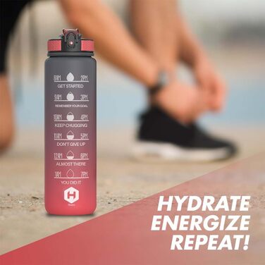 Пляшка для води 1 л BPA Free із соломинкою та часовими мітками, для велосипеда, спорту, школи та активного відпочинку, підходить для газованих напоїв, сіра та червона
