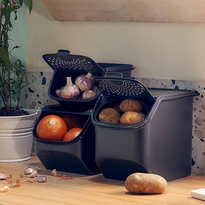 Набір контейнерів Tupperware для картоплі, цибулі та часнику PotatoSmart 8,3 л, OnionSmart 5,5 л, GarlicSmart 2,3 л — інноваційні контейнери для зберігання овочів з оптимальною вентиляцією, штабельовані, для посудомийної машини