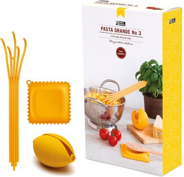 Набір силіконових кухонних інструментів Monkey Business Pasta Grande №3: ложка для спагеті, прес для лимонів Conchiglie, підставка для ложок Ravioli, подарункова упаковка