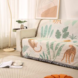 Двостороння бавовняна плед-покривало з китицями Jungle Boho, декоративна ковдра з листям і леопардами 160x130 см для ліжка, дивана, крісла, кемпінгу, настінний гобелен, скатертина, килимок