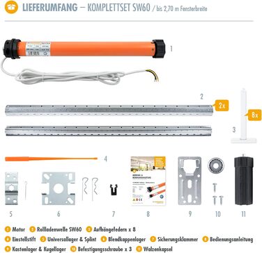 Комплект електроприводу для рольставень 3T-MOTORS, до 270 см, 10 Нм, SW60, з монтажним набором, без управління