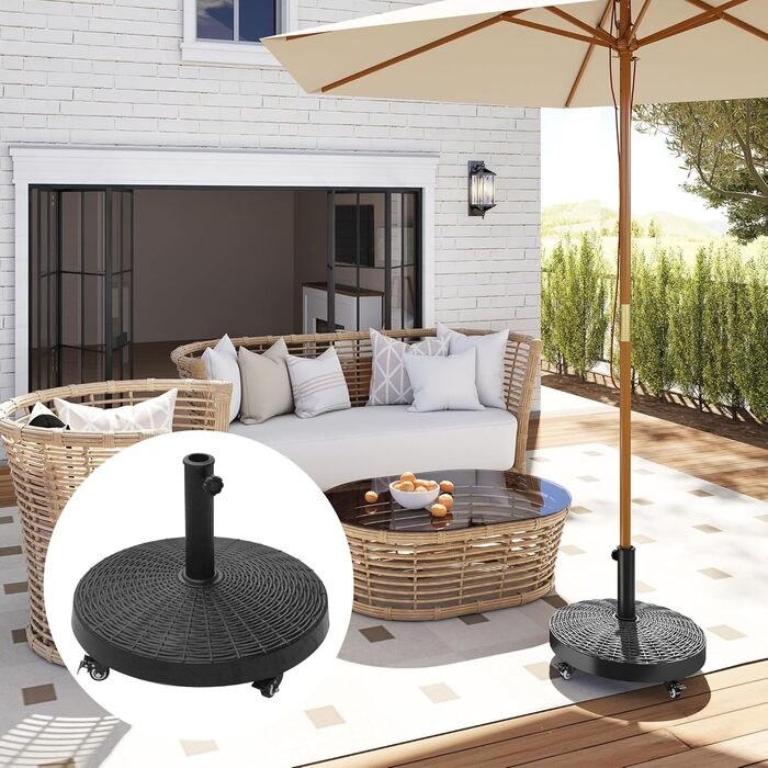 Підставка для парасолі Outsunny 25 кг, ротанг, з колесами, Ø38/48 мм, чорна, 52x41 см, полімер+метал