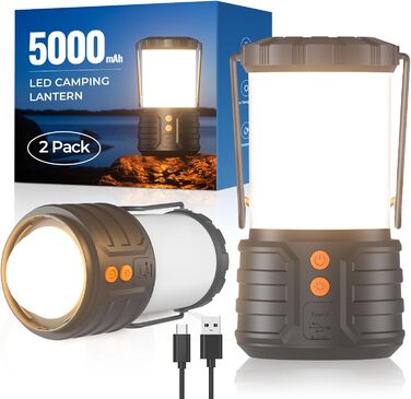 Набір з 2 LED кемпінгових ліхтарів 5000mAh, водонепроникних, з акумулятором, 3 кольори, портативні ліхтарики для намету, будинку, аварійного освітлення