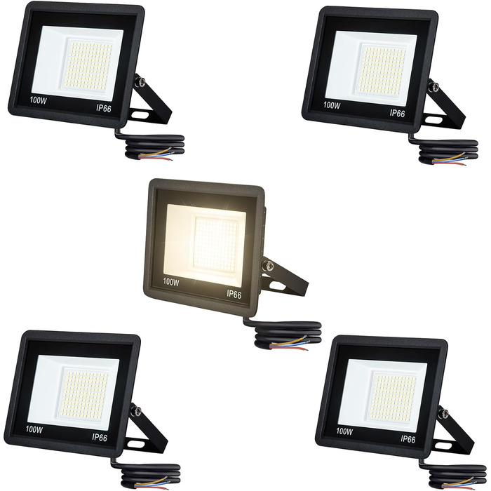 LED-прожектори AufuN 5x100Вт, надяскраві, тепле біле світло, IP65, водонепроникні, алюмінієві, для вулиці, саду, гаража, двору або готелю