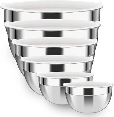 Набір мисок Luvan 304 з нержавіючої сталі, 6 шт (4, 3.2, 2.5, 1.8, 1.45, 0.96 л) з кришками, великі салатниці та кухонні миски, складані, придатні для миття в посудомийній машині