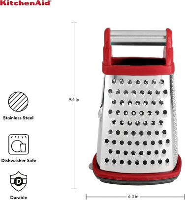 Тертка KitchenAid KN300OSERA Gourmet 4-стороння, з нержавіючої сталі, з контейнером на 3 чашки, мірними позначками, для дрібного, середнього та крупного натирання, підходить для посудомийної машини, Empire