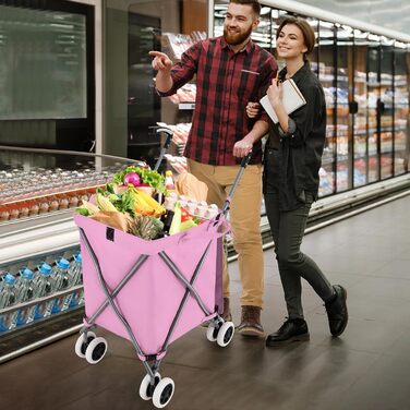Складаний візок для покупок COSTWAY 90 л, 55 кг, з колесами, знімна оксфордська сумка, рожевий, для шопінгу та кемпінгу