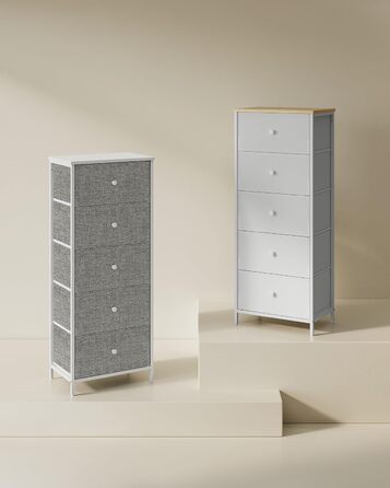 Комод SONGMICS з 5 тканинними шухлядами, металевий каркас, вузький, біло-дубовий, 29,8x45x112,3 см