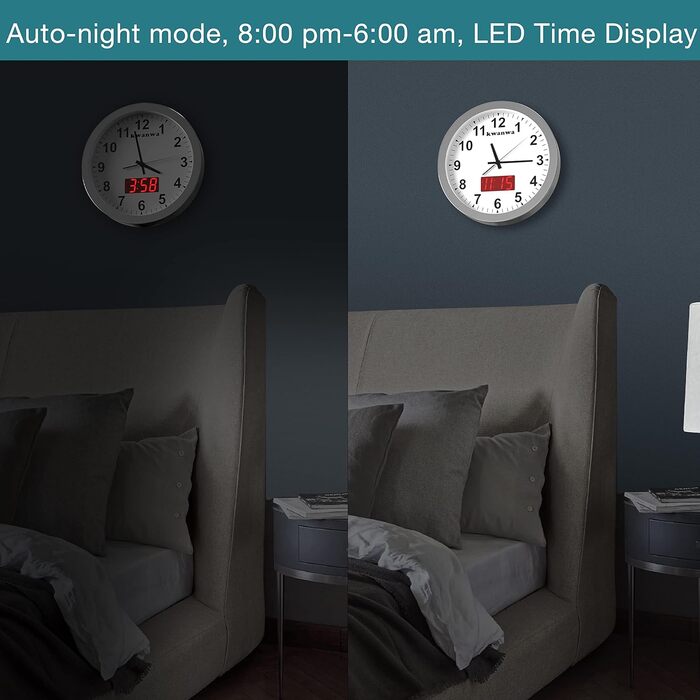 Сучасний настінний годинник KWANWA без тиканя, цифровий LCD/LED дисплей, календар, термометр, на батарейках, 30,5 см, 12-годинний формат, для кухні, спальні та офісу, сріблястий корпус, червоний LED
