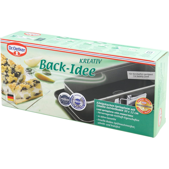 Прямокутна форма для випічки Dr. Oetker 30x12 см з антипригарним покриттям, емальований метал, стійка до подряпин, з сервірувальним дном