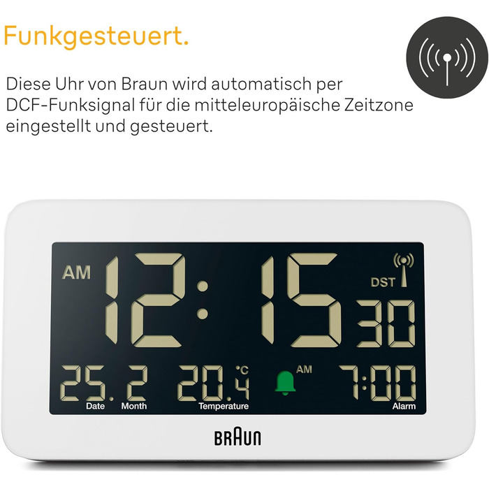 Цифровий радіокерований годинник-будильник Braun BC10W-DCF для Центральної Європи (DCF), з відображенням дати, місяця та температури, негативним LCD-дисплеєм і білим сигналом будильника