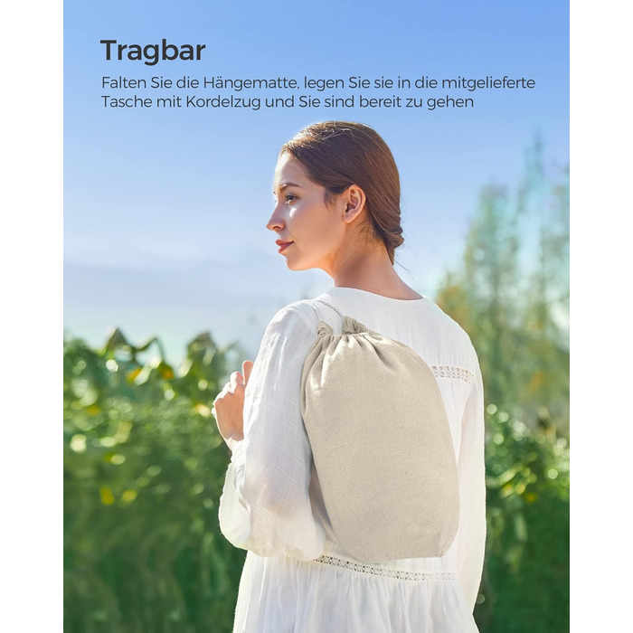 Гамак SONGMICS 210x150 см, подвійний, до 300 кг, з сумкою, ременями та карабінами, для тераси, балкона, саду, кемпінгу, бежевий