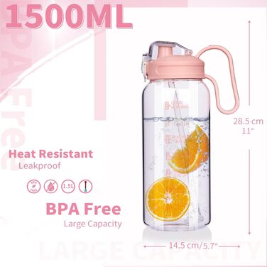 DEARRAY Скляна пляшка для води 1.5 л з трубочкою і часовою розміткою, мотиваційна, BPA Free, герметична, з силіконовим чохлом, рожева
