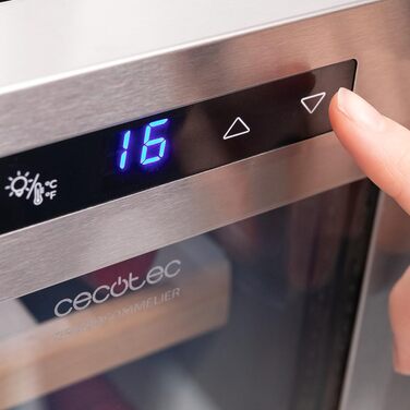 Винний шафа Cecotec Bolero GrandSommelier 830 CoolWood, термоелектрична, тиха, енергоефективна, для 12 пляшок, з індикаторами, сенсорним керуванням, нержавіюча сталь і дерево, регулювання температури 8-18°C