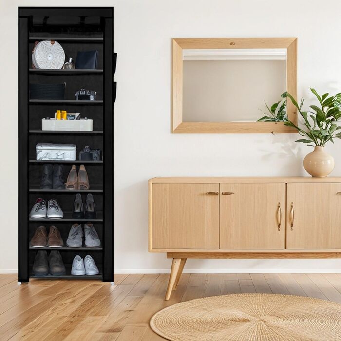 Тканинна шафа INTIRILIFE 170x58x28 см, чорна, з блискавкою, 9 полиць, для одягу та взуття, складана шафа для кемпінгу, текстильний гардероб