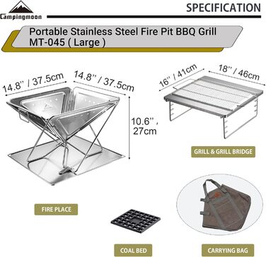 CAMPINGMOON 3-в-1 портативний гриль-мангал з нержавіючої сталі 40,6x45,7 см з сумкою