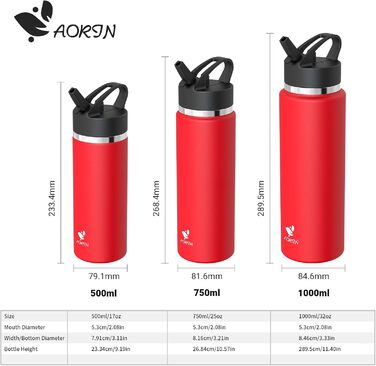 Термос AORIN 750 мл із нержавіючої сталі, вакуумна пляшка для води з трубочкою, BPA-Free, для дітей, спорту, школи, фітнесу, червона