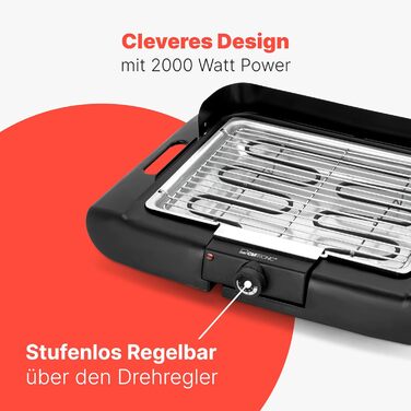 Електричний настільний гриль Clatronic BQ 3507, 2000 Вт, хромована решітка, з вітрозахистом, для балкона та кухні, 35x24 см
