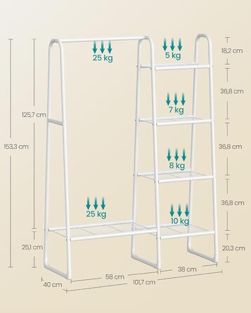 Вішак для одягу SONGMICS з 5 полицями, металевий каркас, 40x101,7x153,3 см, для спальні, вітальні, передпокою, білий