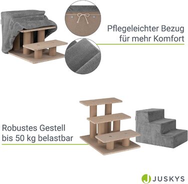 Сходи для собак і котів Juskys, 3 ступені, 36 см, знімний плюшевий чохол, для ліжка, дивану, авто, сірі